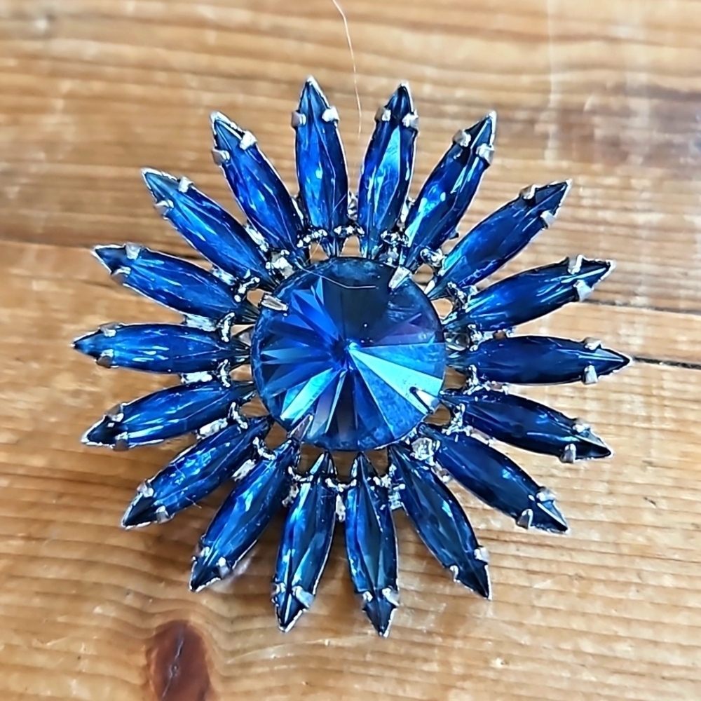 Vintage Blue Flower Rhinestone Brooch